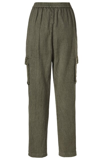 Hose in olivgrün, unifarben, mit elastischem Bund, lange Beine, zwei seitliche Klappentaschen, gerade geschnitten