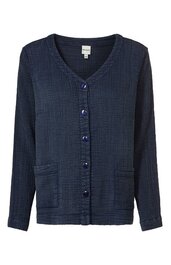 Dunkelblauer Cardigan mit feinem Rautenmuster, V-Ausschnitt, lange Ärmel, Knopfleiste mit fünf blauen Knöpfen, zwei aufgesetzte Taschen vorne, gerade geschnitten