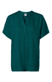 Locker geschnittene Bluse in dunkelgrün mit dezentem Karomuster, V-Ausschnitt ohne Kragen, kurze Ärmel, gerade Saumlinie