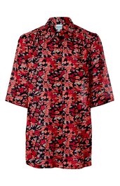 Rotes Hemd mit schwarzem und weißem Blumenmuster, Halbarm, mit Kragen, durchgehende Knopfleiste vorne, länger geschnitten