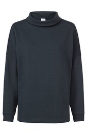 Dunkelblauer Pullover mit Stehkragen, lange Ärmel, gerade geschnitten, ohne Muster oder sichtbare Verzierungen