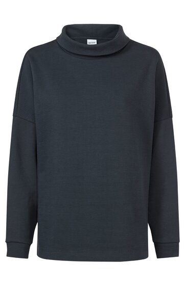 Dunkelblauer Pullover mit Stehkragen, lange Ärmel, gerade geschnitten, ohne Muster oder sichtbare Verzierungen