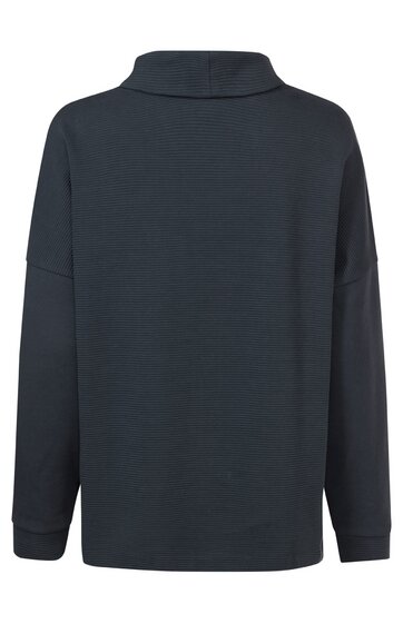 Dunkelgrauer Pullover ohne Muster, langer Ärmel, hoher Stehkragen, gerade geschnitten, hinten gezeigt