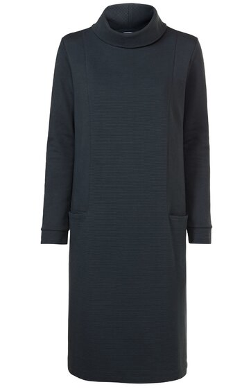 Schwarzes langärmeliges Kleid mit Stehkragen, gerade geschnitten, knielang, ohne Muster, mit seitlichen Eingrifftaschen