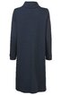 Dunkelblauer Mantel, gerade geschnitten, langer Ärmel, aufgesetzter Stehkragen, Rückenansicht, ohne sichtbare Verschlüsse