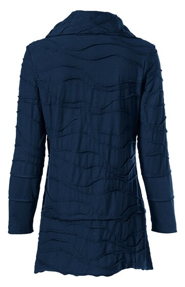 Rückansicht eines dunkelblauen langärmligen Mantels