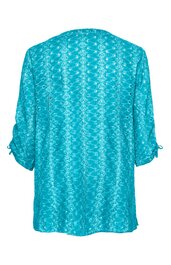 Türkisblaues Langarmshirt mit Allover-Blumenmuster, Rückenansicht, Ärmel mit aufgekrempelten Manschetten und Schlaufenverschluss, gerade geschnitten