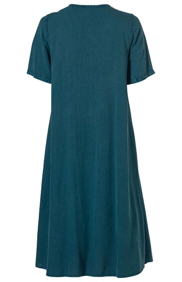 Dunkelgrünes Kleid ohne Muster, kurzer Ärmel, runder Ausschnitt, knielang, locker fallende A-Linien-Form, Rückansicht