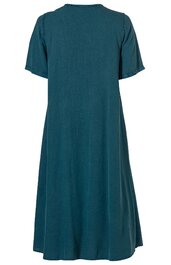 Dunkelgrünes Kleid ohne Muster, kurzer Ärmel, runder Ausschnitt, knielang, locker fallende A-Linien-Form, Rückansicht