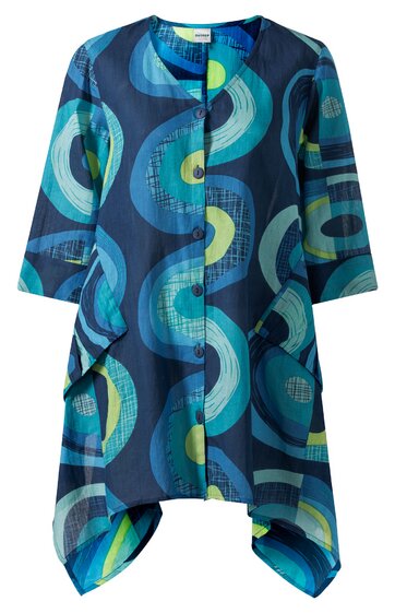 Auffällige Tunika in Dunkelblau mit grünen, hellblauen und gelben wellenförmigen Mustern, lange Ärmel, rundhalsausschnitt mit kurzem Stehkragen, asymmetrischer Saum, durchgehende Knopfleiste vorne