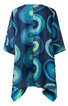 Kurzärmelige Tunika in dunklem Blau mit großen, geschwungenen Kreismustern in Hellblau, Türkis und Hellgrün, lockerer Schnitt, asymmetrisch verlaufender Saum, hinten länger als vorne