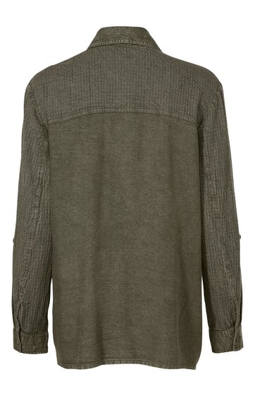 Olivgrünes Herrenhemd, uni, Rückenansicht, durchgehende Ärmel mit Knopfmanschetten, klassischer Kragen, gerade Form