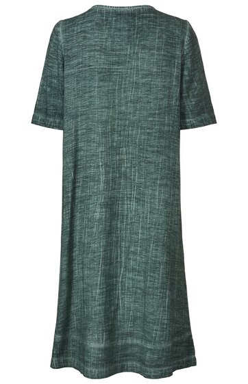 Kleid in dunkelgrün mit kurzem Ärmel, glattem Obermaterial, knielang, schlichtes Design ohne Muster, gerade Form, Rundhalsausschnitt rückseitig sichtbar