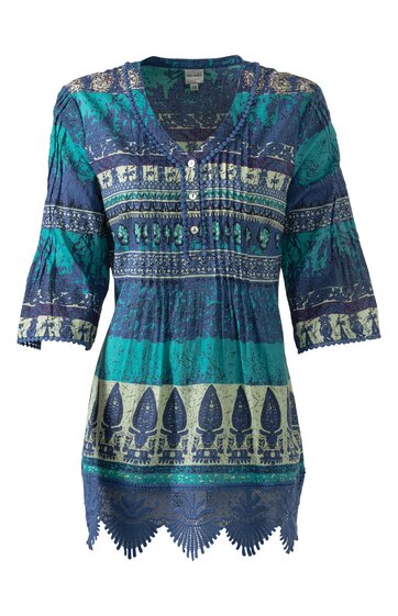 Blau-türkise Tunika mit ethnischem Muster, V-Ausschnitt, Knopfleiste, 3/4-Ärmel mit Raffung, gerade Form, durchbrochener Saum