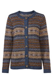 Strickjacke in Blau und Braun mit Norwegermuster, Rundhalsausschnitt, lange Ärmel, Knopfleiste vorne, gerade geschnitten