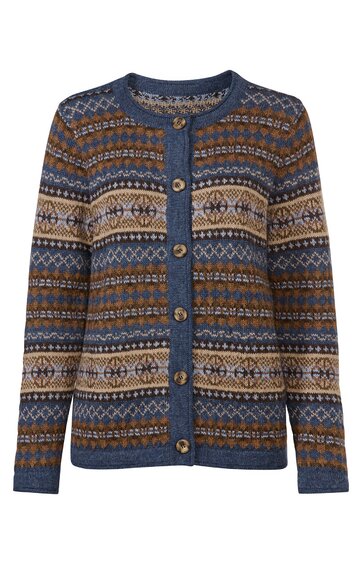 Strickjacke in Blau und Braun mit Norwegermuster, Rundhalsausschnitt, lange Ärmel, Knopfleiste vorne, gerade geschnitten