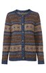 Strickjacke in Blau und Braun mit Norwegermuster, Rundhalsausschnitt, lange Ärmel, Knopfleiste vorne, gerade geschnitten