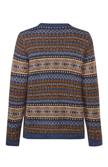 Strickpullover in Blau, Braun und Beige, gestreiftes Norwegermuster, Rundhalsausschnitt, lange Ärmel, gerade Passform