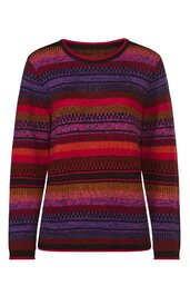 Langärmliger Pullover in Rot, Lila und Schwarz, mit mehrfarbigem Streifenmuster, Rundhalsausschnitt, gerade Form, gerippte Bündchen an Ärmeln und Saum