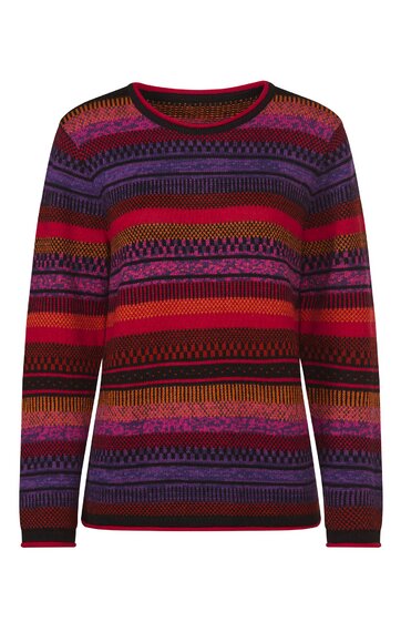 Langärmliger Pullover in Rot, Lila und Schwarz, mit mehrfarbigem Streifenmuster, Rundhalsausschnitt, gerade Form, gerippte Bündchen an Ärmeln und Saum