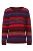 Langärmliger Pullover in Rot, Lila und Schwarz, mit mehrfarbigem Streifenmuster, Rundhalsausschnitt, gerade Form, gerippte Bündchen an Ärmeln und Saum
