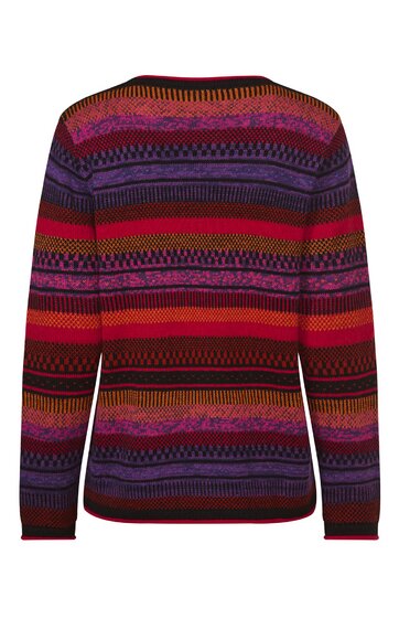 Pullover in Rot, Violett und Schwarz, gestreift mit geometrischem Muster, langer Ärmel, Rundhalsausschnitt, gerade geschnitten, Rückansicht