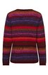 Pullover in Rot, Violett und Schwarz, gestreift mit geometrischem Muster, langer Ärmel, Rundhalsausschnitt, gerade geschnitten, Rückansicht