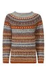 Pullover in Braun- und Blautönen mit mehrfarbigem Norwegermuster, Rundhalsausschnitt, lange Ärmel, gerade Form
