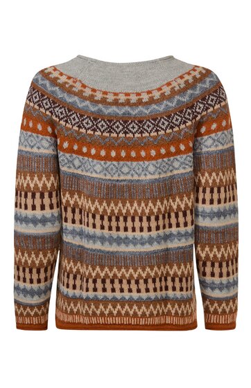 Pullover in Hellgrau, Braun, Hellblau und Rostrot mit Fair-Isle-Muster, Rundhalsausschnitt, lange Ärmel, gerade geschnitten