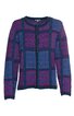 Damenstrickjacke in Blau und Violett mit geometrischem Karomuster, Rundhalsausschnitt, Knopfleiste vorne, lange Ärmel, gerade Form