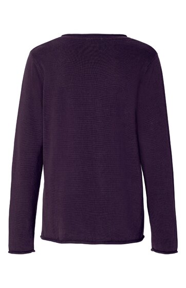 Pullover in dunklem lila, einfarbig, langer gerader Schnitt, rundhalsausschnitt, lange Ärmel, ohne Muster oder sichtbare Verzierungen
