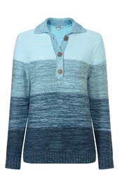 Pullover in Farbverlauf von Hellblau zu Dunkelblau, meliert, Langarm, Kragen mit Knopfleiste, geripptes Bündchen an Ärmeln und Saum