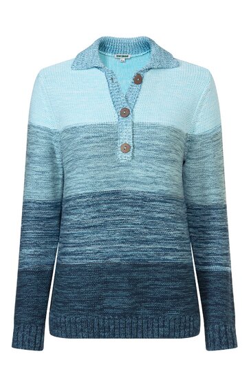 Pullover in Farbverlauf von Hellblau zu Dunkelblau, meliert, Langarm, Kragen mit Knopfleiste, geripptes Bündchen an Ärmeln und Saum