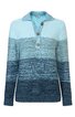 Pullover in Farbverlauf von Hellblau zu Dunkelblau, meliert, Langarm, Kragen mit Knopfleiste, geripptes Bündchen an Ärmeln und Saum