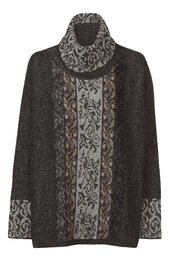 Grau-schwarzer Pullover mit Stehkragen, langärmlig, mittig vertikaler Blumenrankenstreifen in Beige und Hellgrau, Muster an Ärmelsäumen, lockere Form