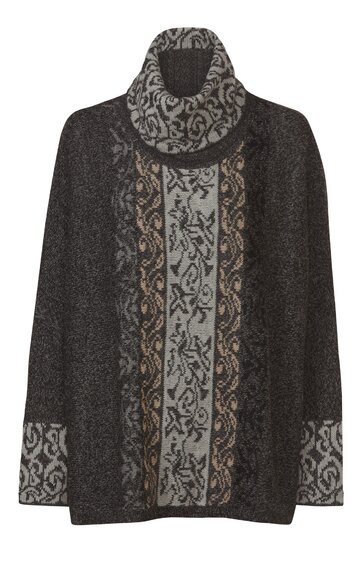 Grau-schwarzer Pullover mit Stehkragen, langärmlig, mittig vertikaler Blumenrankenstreifen in Beige und Hellgrau, Muster an Ärmelsäumen, lockere Form