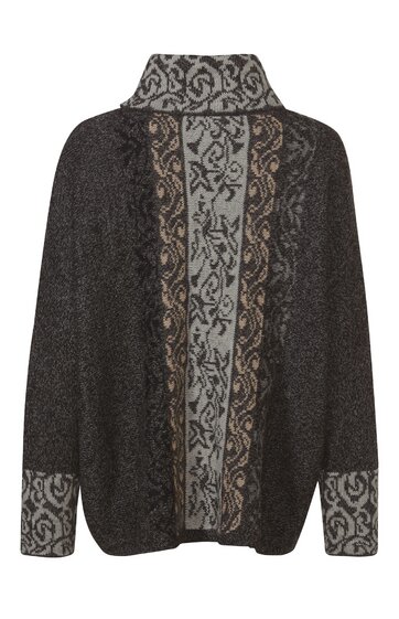 Damenjacke in Dunkelgrau mit schwarzen und beigen floralen Mustern, Stehkragen, lange Ärmel mit gemusterten Bündchen, offene Vorderseite mit kontrastierenden Musterelementen