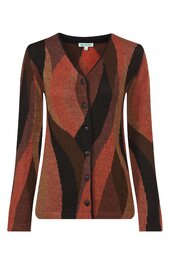 Langärmelige Strickjacke in Braun- und Orangetönen mit wellenförmigem Muster, V-Ausschnitt, durchgehende Knopfleiste, schmal geschnitten