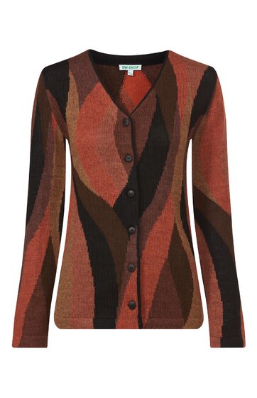 Langärmelige Strickjacke in Braun- und Orangetönen mit wellenförmigem Muster, V-Ausschnitt, durchgehende Knopfleiste, schmal geschnitten