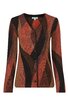 Langärmelige Strickjacke in Braun- und Orangetönen mit wellenförmigem Muster, V-Ausschnitt, durchgehende Knopfleiste, schmal geschnitten