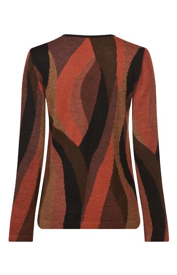 Langärmliges Damenoberteil in Braun, Rostrot und Dunkelbraun, abstraktes Wellenmuster, Rundhalsausschnitt, gerade Passform, Rückansicht