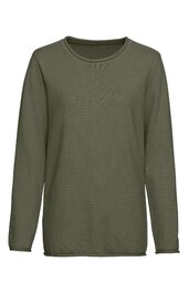 Langärmliges Herrenoberteil in Olivgrün, rundhals, schlichte Form, ohne Muster oder zusätzliche Details