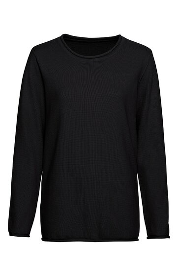 Schwarzes Langarmshirt, rundhals, schlicht ohne Muster, gerade geschnitten
