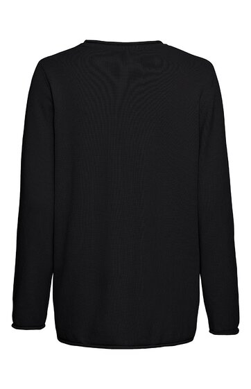 Schwarzes Langarmshirt, unifarben, Rundhalsausschnitt, gerade geschnitten, ohne sichtbare Verzierungen oder Muster