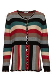 Strickjacke mit horizontalen und vertikalen Streifen in Grau, Schwarz, Petrol, Bordeaux, Beige und Rot, Rundhalsausschnitt mit kontrastierendem Zierband, lange Ärmel, Knopfleiste vorne mit schwarzen Knöpfen, locker fallende Passform