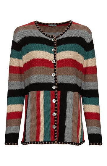 Strickjacke mit horizontalen und vertikalen Streifen in Grau, Schwarz, Petrol, Bordeaux, Beige und Rot, Rundhalsausschnitt mit kontrastierendem Zierband, lange Ärmel, Knopfleiste vorne mit schwarzen Knöpfen, locker fallende Passform