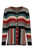 Strickjacke mit horizontalen und vertikalen Streifen in Grau, Schwarz, Petrol, Bordeaux, Beige und Rot, Rundhalsausschnitt mit kontrastierendem Zierband, lange Ärmel, Knopfleiste vorne mit schwarzen Knöpfen, locker fallende Passform