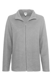 Hellgraue Fleecejacke mit durchgehendem Reißverschluss, Stehkragen, lange Ärmel, gerade Form, ohne Muster oder weitere Verzierungen