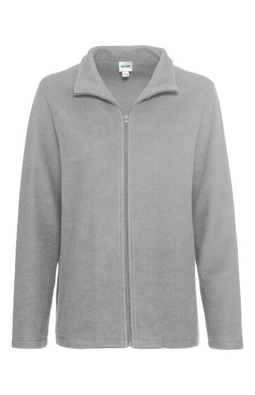 Hellgraue Fleecejacke mit durchgehendem Reißverschluss, Stehkragen, lange Ärmel, gerade Form, ohne Muster oder weitere Verzierungen