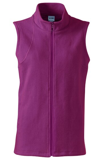 Ärmellose Fleeceweste in dunklem Magenta, durchgehender Reißverschluss, Stehkragen, gerade geschnitten, ohne sichtbare Muster oder Verzierungen
